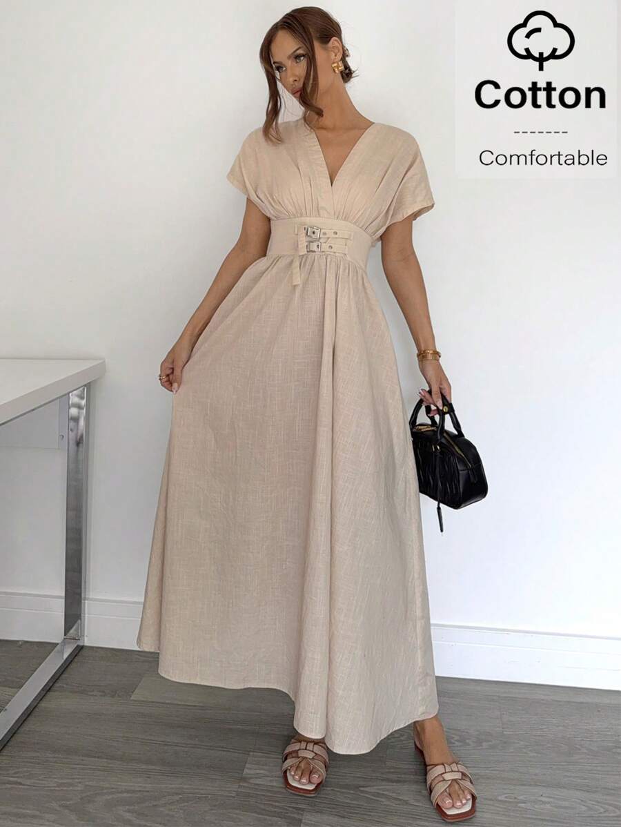 SHEIN Essnce Women's Elegant Beige Summer Vacation Long Dress, Comfortable Solid Color Waist Buckle Design Batwing Short Sleeve Pleated Casual Maxi Dress - Apricot - View 1