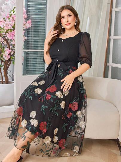 Modelyn Vestido árabe de corte evasé con mangas cortas de gasa en talla grande con parches