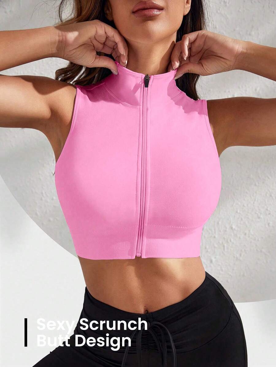 SHEIN Core Rhythm 纯色无缝高弹力短款运动背心 - 粉色 - 查看 1