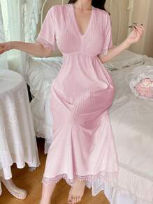SHEIN 优雅法式蕾丝边宽松女士睡袍 - 粉色 - 查看 4
