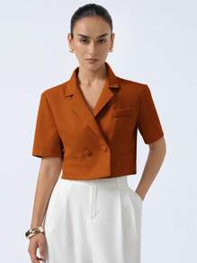 Aveloria Modichic Áo khoác vải kết cấu cao cấp thời trang tối giản sang trọng & tinh tế, cổ ve chéo sau lưng, áo khoác tay ngắn vừa vặn cho nữ - Màu Cam san hô - Xem 4