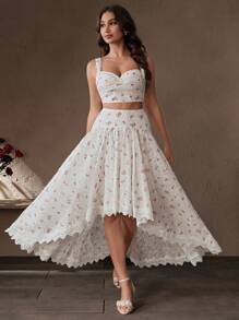 SHEIN Unity Ensemble de deux pièces femme avec top brassière brodé floral élégant pour vacances/rendez-vous et jupe asymétrique en patchwork de dentelle - Rouge et Blanc - Voir 4