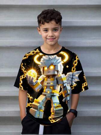 SHEIN Camiseta de manga corta con cuello redondo para niños preadolescentes con gráficos minimalistas de ángel, luz, halo, sol, sagrado, juegos, mundo de juegos, cuadrado, adecuada para el verano