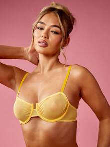 MISSGUIDED Wired Mesh Balconette Bralette Undergarment With Ruched Cups Adjustable Straps Summer Spring Everyday Wear - Yellow - View 4