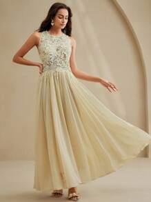 Anewsta Elegant Urban Light Blue Flared Lace Patchwork Sleeveless Bodycon Midi Dress, High-End Lightweight Party Dress For Spring, Summer, Festival, Vacation - Light Yellow - View 4