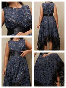 Anewsta Vestido elegante y romántico de talla grande con cinturón de cintura con parches de encaje floral perforado, recorte asimétrico con volantes - Azul Marino - Ver 8