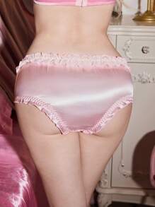 Pink Crystal Embellished Satin Lace Ruffled Bloomer Bikini Briefs For Women - Pink - View 4