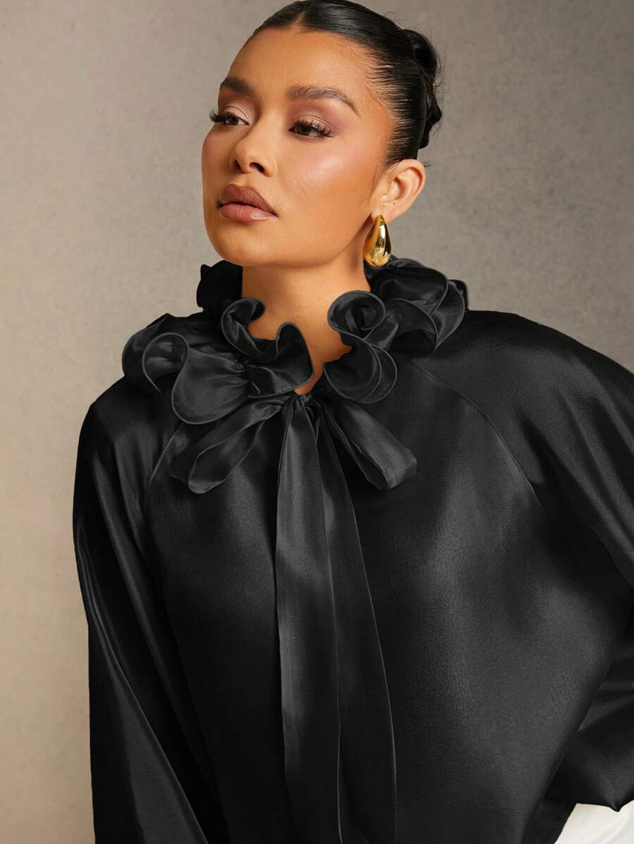 Hauture Blusa de manga larga de vestir elegante con cuello de corbata plisado de unicolor - Negro - Ver 1