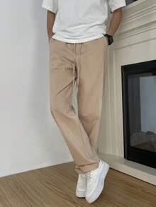 Manfinity Homme Men's Solid Color Drawstring Waist Side Pockets Straight Loose Casual Pants, Fall - Baby Pink - View 3