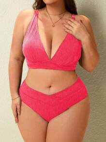 Swim Chiccia 2pcs Plus Size Women Solid Textured Stripe V-Neck Pink Bikini Swimsuit Set, Summer Beach