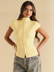 SHEIN BAE 女士秋季纯色立领上衣盖袖单排扣休闲女式上衣，纽扣式女式针织上衣 - 黃色 - 查看 5