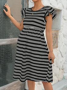 SHEIN Maternity Striped Print Round Neck Dress - Black - View 5