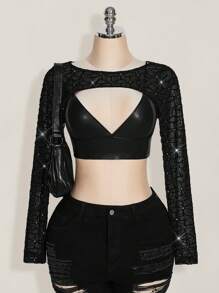 SHEIN ICON Plus Size Extra Cropped Long Sleeve Top With Rhinestone Embellished Mesh Overlay, Y2K Style,Club Outfits Women Sexy,Going Out Tops Women