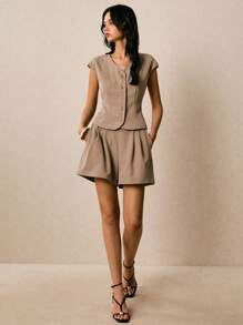 Poéselle 2pcs/Set Women Summer Solid Color Single-Breasted Blouse And Shorts Casual Outfit - Grey - View 3