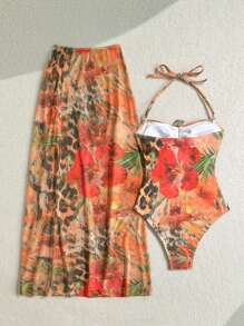 Soleia Bộ đồ bơi hở eo họa tiết hoa dành cho nữ kèm váy che phủ phù hợp, thích hợp cho bãi biển mùa hè, bộ đồ tắm 3 mảnh - Nhiều màu - Xem 2