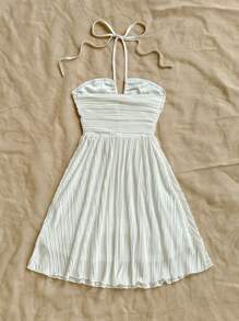 Vestido de estilo bohemio para mujer para la Pascua, vestido campesino, vestido de graduación y verano, vestido de verano y vacaciones para mujer, vestido de unicolor plisado de moda - Rosa - Ver 10