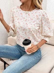 SHEIN Clasi 女士花卉印花圆领短袖宽松衬衫，春夏情人节乡村女士春季休闲上衣女士夏季春季情人节夏季夏季奶油黄女牛仔刺绣上衣乡村秋季 - 藕粉色 - 查看 3