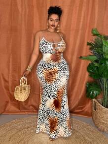 Veslaya 2025 New Spring/Summer Fashion Plus Size Women Retro Western/Tropical Resort/Music Festival/Club/Road Trip/-Travel/Casual City/Graduation Date/Elegant Vacation Fitted Spaghetti Strap Blue Ombre Leopard Hollow Beaded Maxi Dress,Summer Dresses For Women,Maxi Dress - Multicolor - View 2