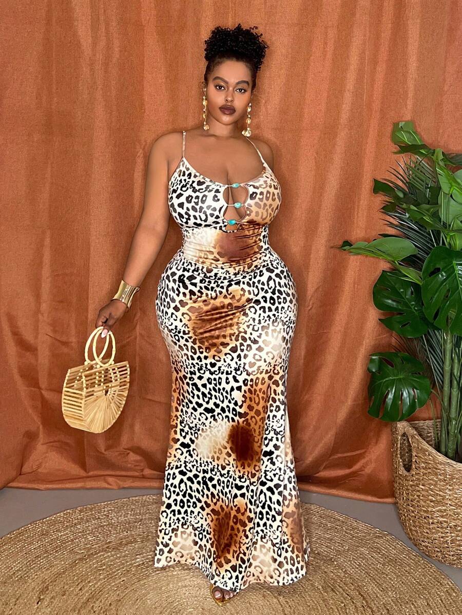 Veslaya 2025 新款春夏时尚大码女装复古西部/热带度假/音乐节/俱乐部/公路旅行/旅行/休闲都市/毕业约会/优雅度假修身细肩带蓝色渐变豹纹镂空串珠长裙