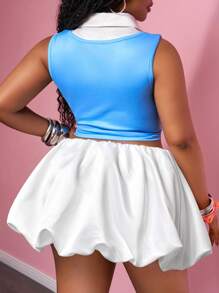 Slaydiva 2pcs/Set Women Plus Size Blue And White Summer 90s Night Out Club Outfit,Sweet Girl Print Fitted Crop Top & White Satin Ruffle Mini Skirt Sporty Set - Multicolor - View 8