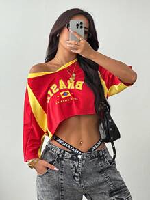 Coolane Women's Summer Brazil Rave Festival Streetwear Y2K Going Out Sportswear Brazil Graphics Patchwork Crop Tees - Red - View 3
