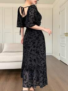 DAZY Đầm nữ dài đến bắp chân, cổ vuông, xếp ly, chất liệu chiffon in hoa, thích hợp cho ngày Valentine, trang phục đi học hoặc đi nghỉ mát. - màu đen - Xem 2