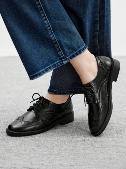 CUCCOO BIZCHIC 圆头黑色牛津鞋系带平底乐福鞋女士休闲工作鞋