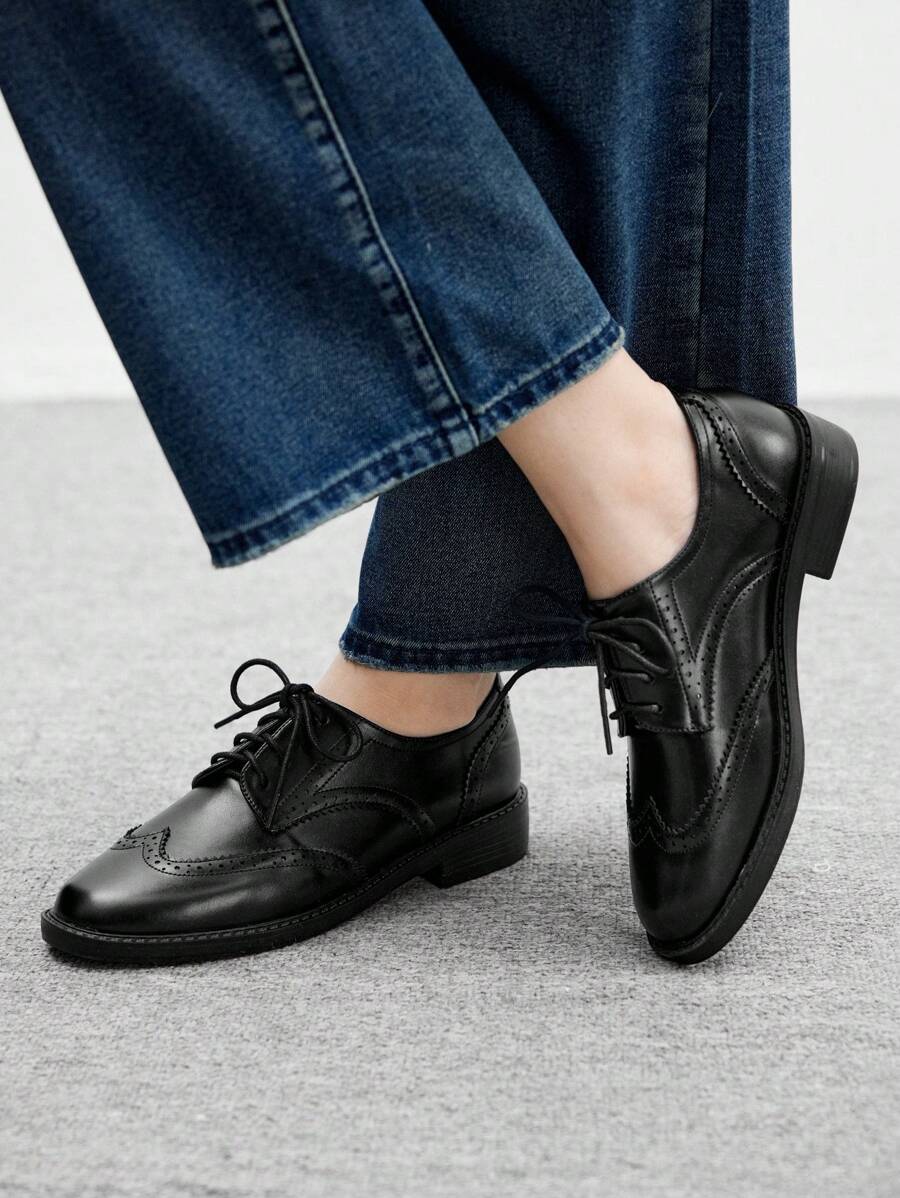 CUCCOO BIZCHIC 圆头黑色牛津鞋系带平底乐福鞋女士休闲工作鞋