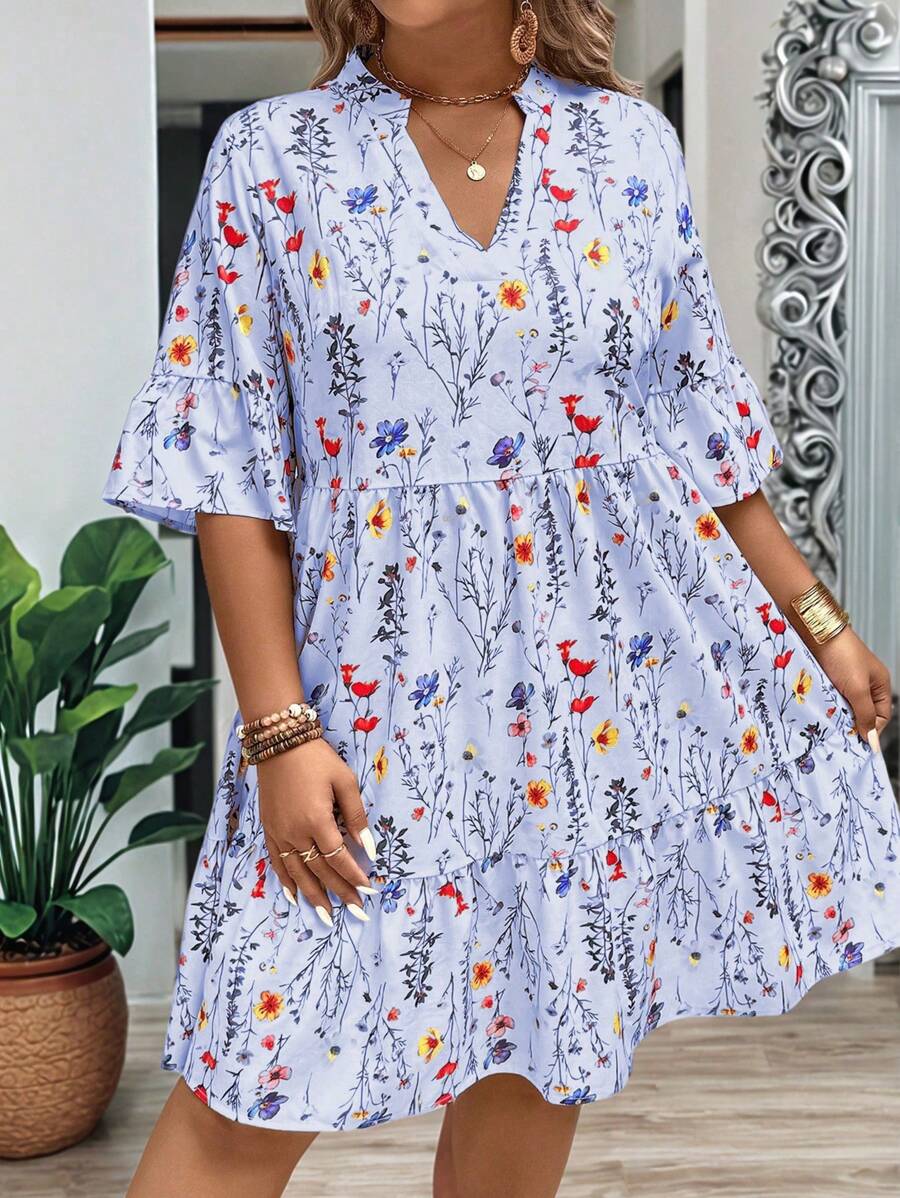 EMERY ROSE Plus Size Women's Summer Floral Branch V-Neck Ruffle Trim Loose Shift Dress - Baby Blue - View 1