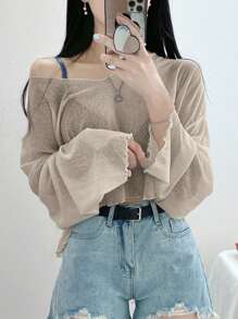 DAZY Women's Loose V-Neck Short Solid Color T-Shirt, Spring/Summer Sheer Long Sleeve Women Tops