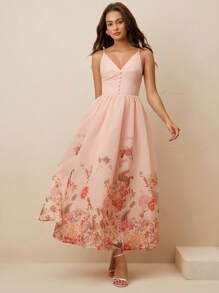 Anewsta Váy dài chữ A nhún eo Cami thanh lịch có họa tiết hoa, thích hợp cho kỳ nghỉ và bãi biển - Hồng - Xem 4