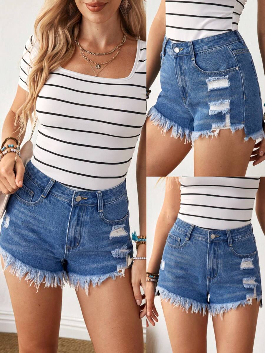 EMERY ROSE Pantalones cortos de mezclilla de verano informales con borde deshilachado para mujer - Azul - Ver 1