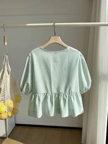 Comfortcana 大码薄荷绿和白色格子短袖休闲衬衫 - 薄荷綠 - 查看 3