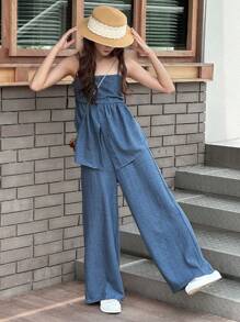 Dazy Kids Teen Girls Solid Color Slit Hem Camisole + Long Pants 2Pcs Set,Girls Summer Outfits,Back To School Clothes