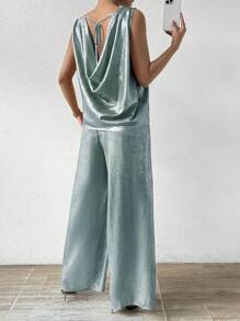 Chiquease Conjunto de dos piezas de pantalones largos de color metálico de moda para damas, para fiestas de Año Nuevo y celebraciones - Azul - Ver 6