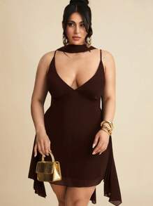 SHEIN BAE Vestito mini elegante in nero tinta unita con scollo a V profondo e nastro, adatto per appuntamenti quotidiani, uscite serali, discoteche, feste, raduni, cocktail festa, tute da vacanza, feste in piscina, abbigliamento da ufficio, abiti da pendolare