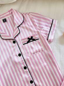 SHEIN Girl Teen Faux Silk Pink & White Striped Cardigan Pajama Set