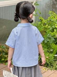 Dazy Kids 女童编织条纹刺绣短袖衬衫，夏季 - 藍色 - 查看 5