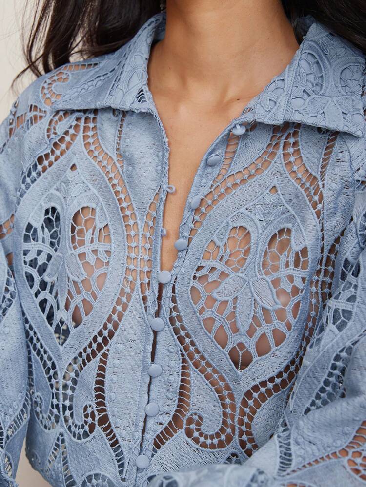 Lightweight Lace & Jacquard Loose Casual Business Office Wear Blouse For Women, Summer,Fall Women Clothes Long Sleeve Top