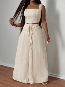 SHEIN PETITE CURVE 加大码纯色圆领无袖有骨休闲夏季上衣和宽松长裤两件套 - 杏色 - 查看 5