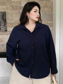 Dazy Plus Plus Size Plain Color Lapel Collar Pocket Loose Long Sleeve Dark Shirt Fall - Navy Blue - View 5