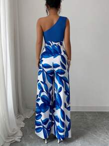 Elenzga 女式不对称领口花卉印花直筒连体裤 - 藍色 - 查看 2