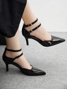 CUCCOO BIZCHIC 女士尖头低跟白色珍珠亮片镂空踝带高跟鞋，适合万圣节、圣诞节、派对等场合 - 黑色 - 查看 3