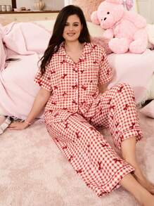 SHEIN Bộ đồ ngủ họa tiết hoa kẻ caro cỡ lớn - Nhiều màu - Xem 5
