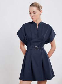 Aveloria Modichic New Fashion Simple & Elegant High-Quality Commuting Women's Stand Collar Round Neck Loose Cap Sleeve Ruched Tie-Waist A-Line Mini Dress