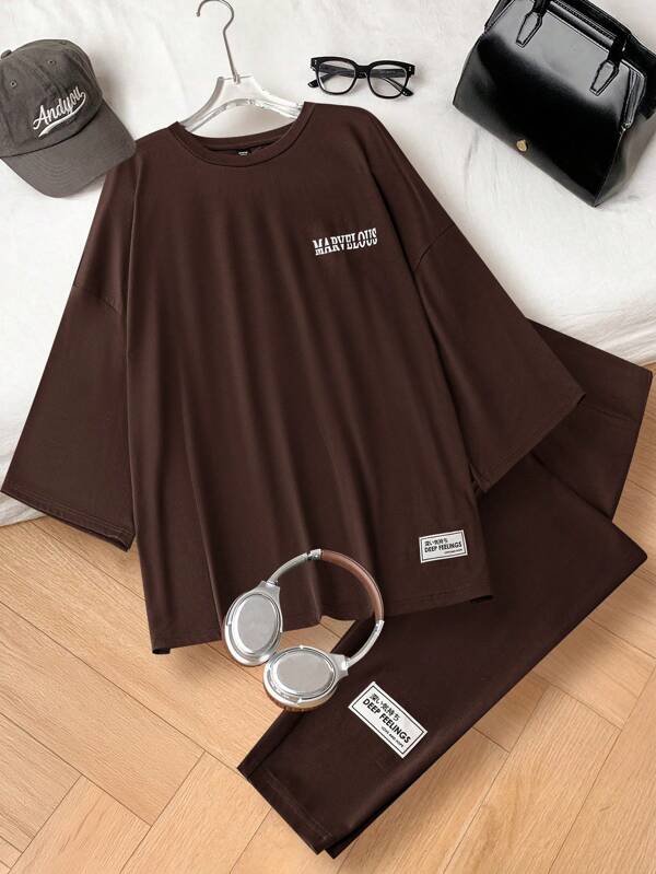 Mulvari 2 buc/set Plus Size femei imprimare scrisoare umeri căzuți tricou și pantaloni ținută casual