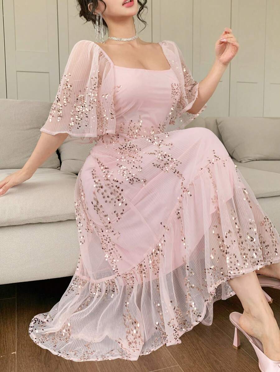 DAZY Đầm midi voan in hoa cổ vuông viền bèo cho nữ, thích hợp cho ngày Valentine, đi nghỉ mát hoặc lễ Phục sinh. - Màu Hồng baby - Xem 1