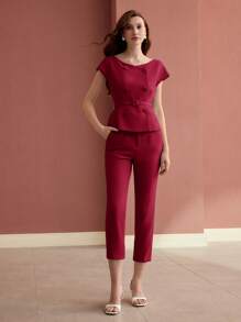 MOTF PREMIUM BATWING SLEEVE DOUBLE BREASTED PLACKET BUCKLE BELTED BLOUSE - Red - View 5
