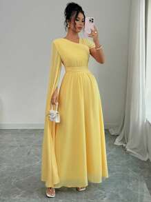 Elenzga Váy xòe xếp nếp cổ bất đối xứng lót chiffon thanh lịch cho nữ dự tiệc trà chiều, mùa xuân/hè - Màu vàng - Xem 4