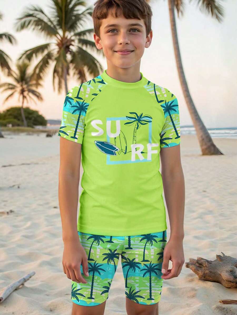 SHEIN Tween Boy Casual Minimalist Round Neck Short Sleeve Shorts Swimsuit Set, Suitable For Summer